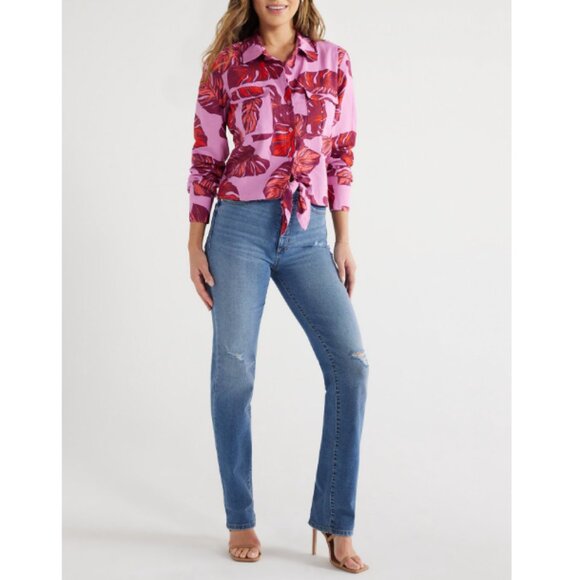 Sofia by Sofia Vergara Women's Pink Red Leaf Print Button Down Shirt Size XL - Picture 4 of 12